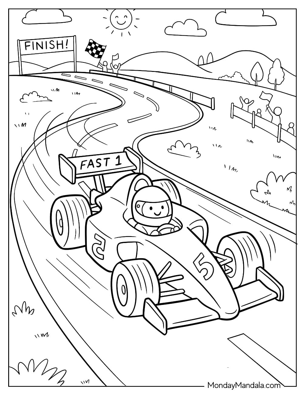 F1 Race Car Driving Toward the Finish Line Coloring Page