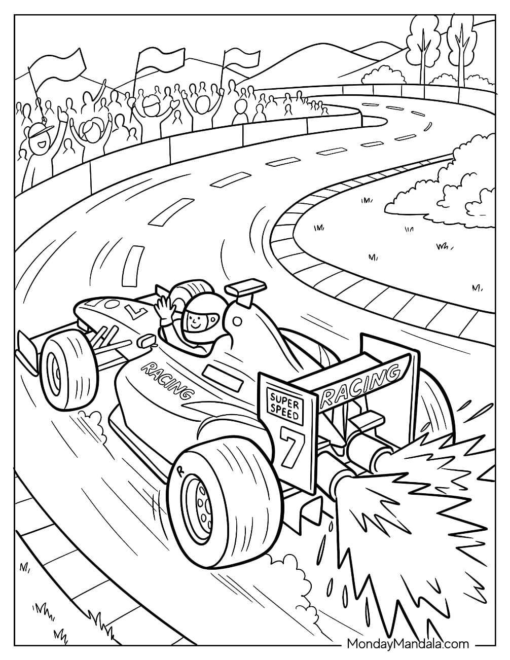 F1 Race Car Speeding Around a Track Coloring Page