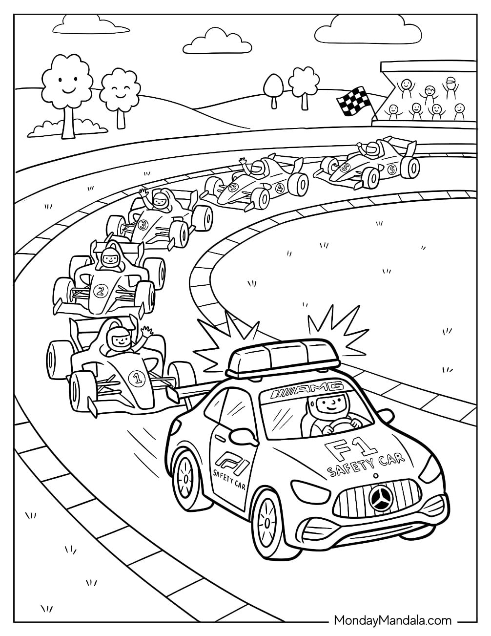 F1 Safety Car Leading Race Cars on the Track Coloring Page for Kids