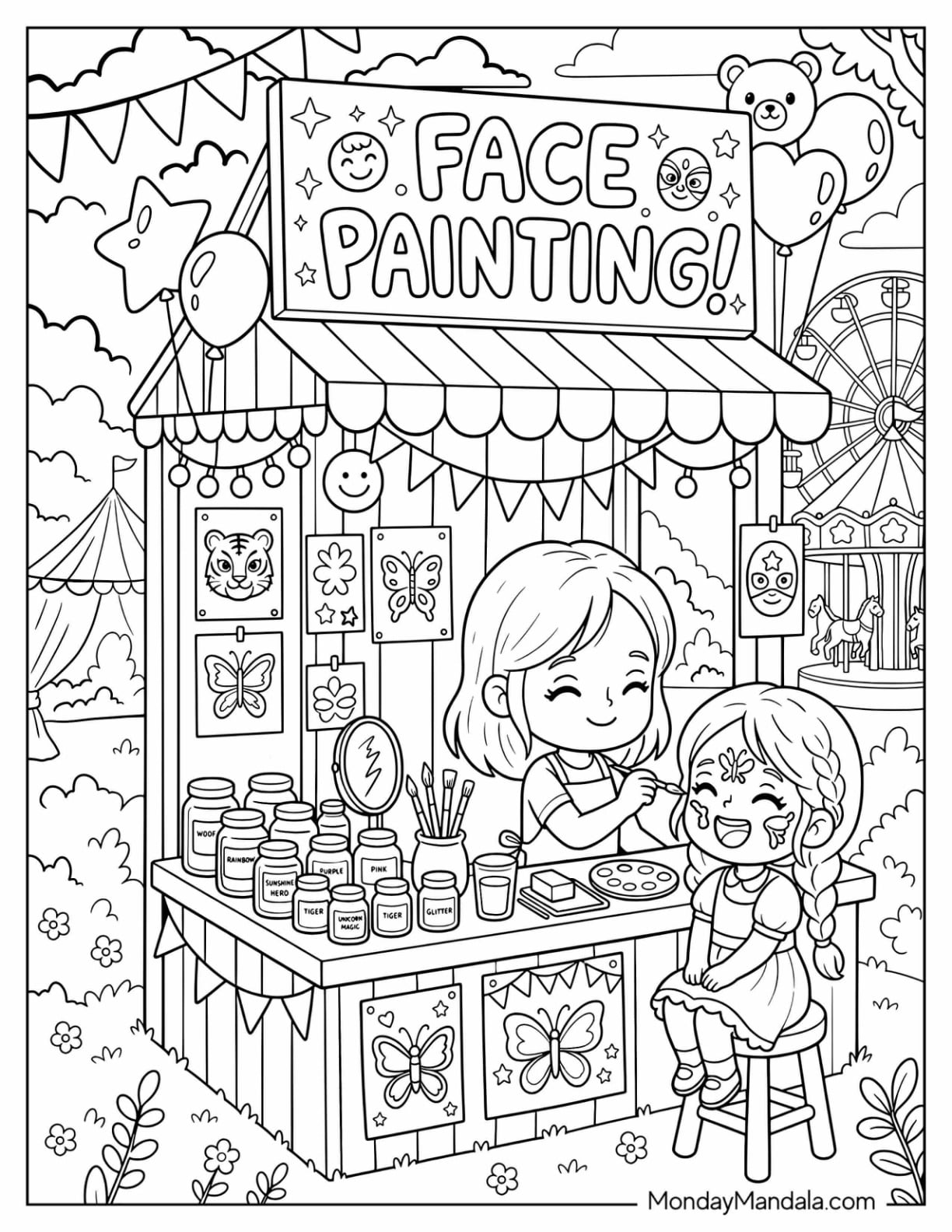 Face Painting Booth at a Carnival with Makeup and Children Coloring Sheet