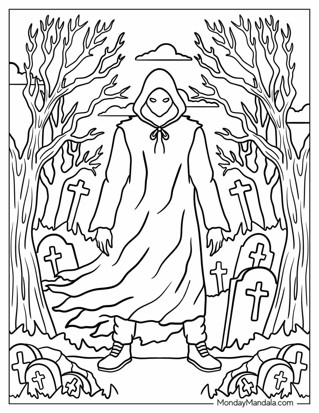 Horror Coloring Page of Faceless Reaper in Hooded Cloak Standing in Haunted Graveyard