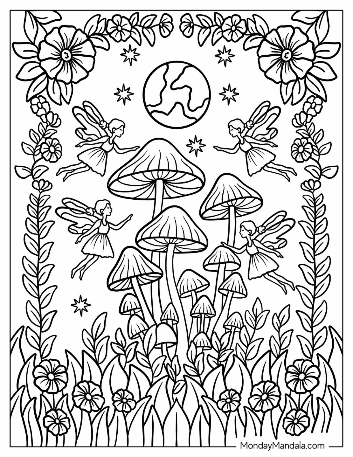Fairies Dancing Around a Mushroom Ring Under the Moon Coloring Page