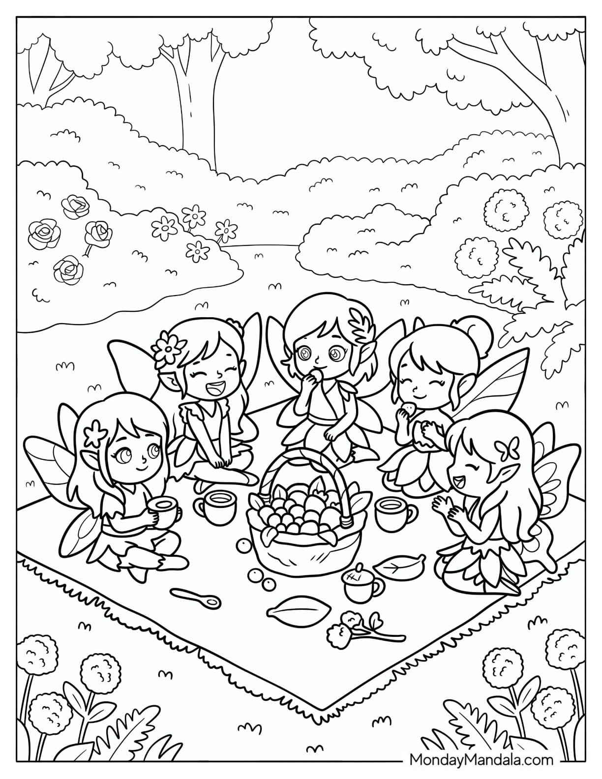 Fairies Sharing Tea and Fruit at a Woodland Picnic Coloring Page