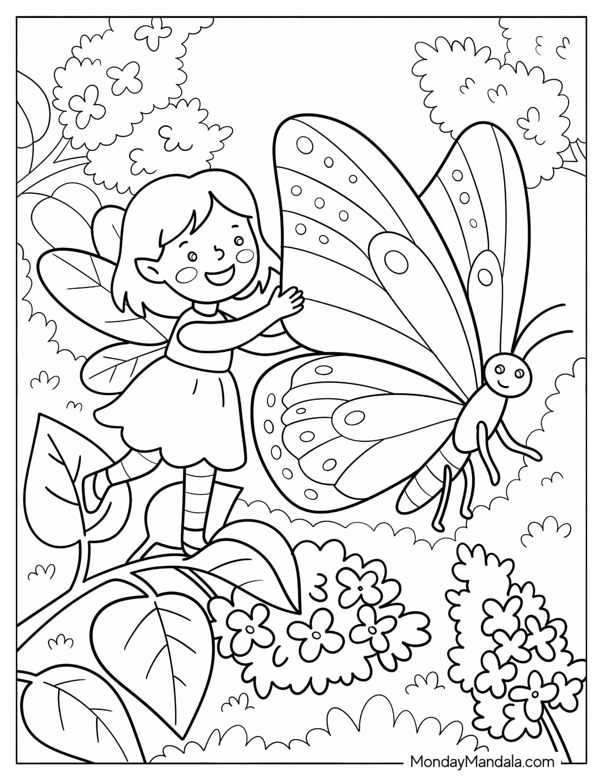 Fairy Befriending a Giant Butterfly in a Flower Garden