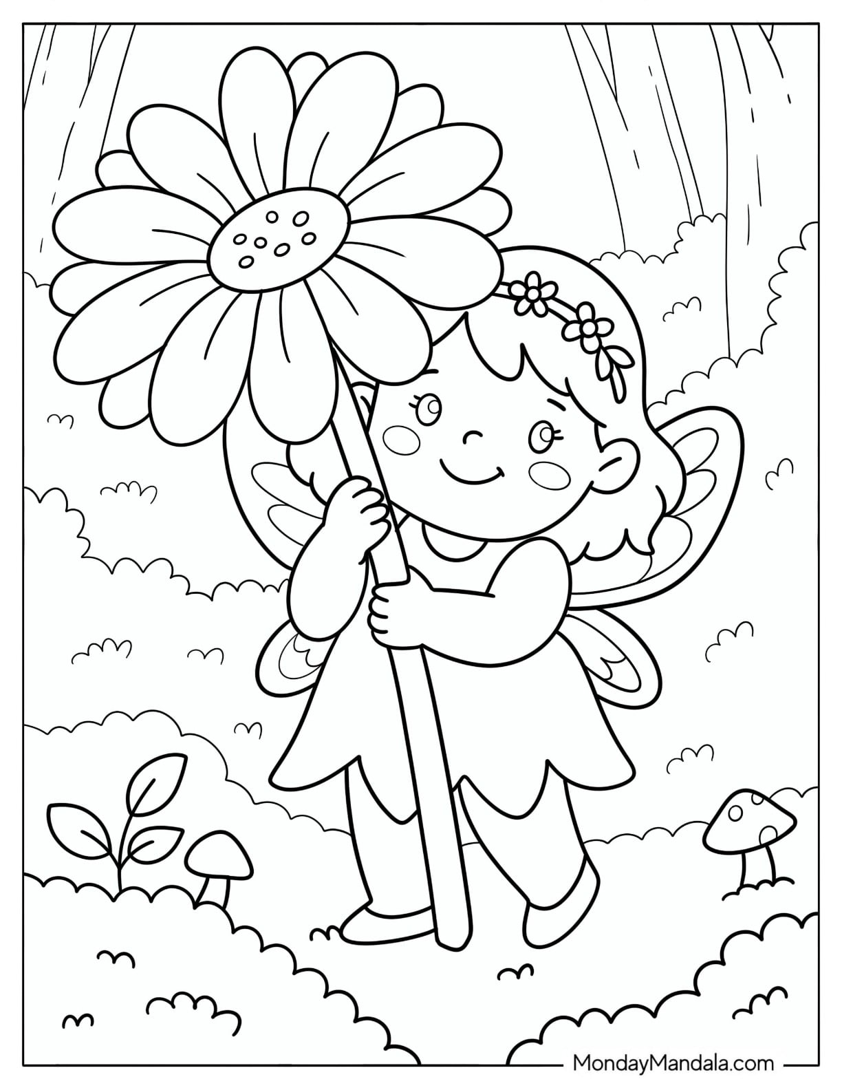 Fairy Carrying a Giant Flower Through the Forest Coloring Page for Kids