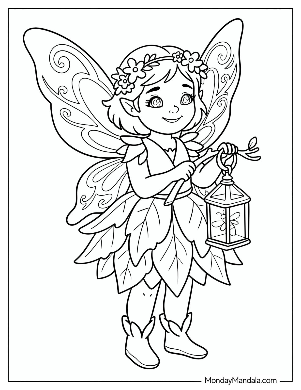 Fairy Carrying a Lantern on a Flowering Branch Coloring Page for Kids