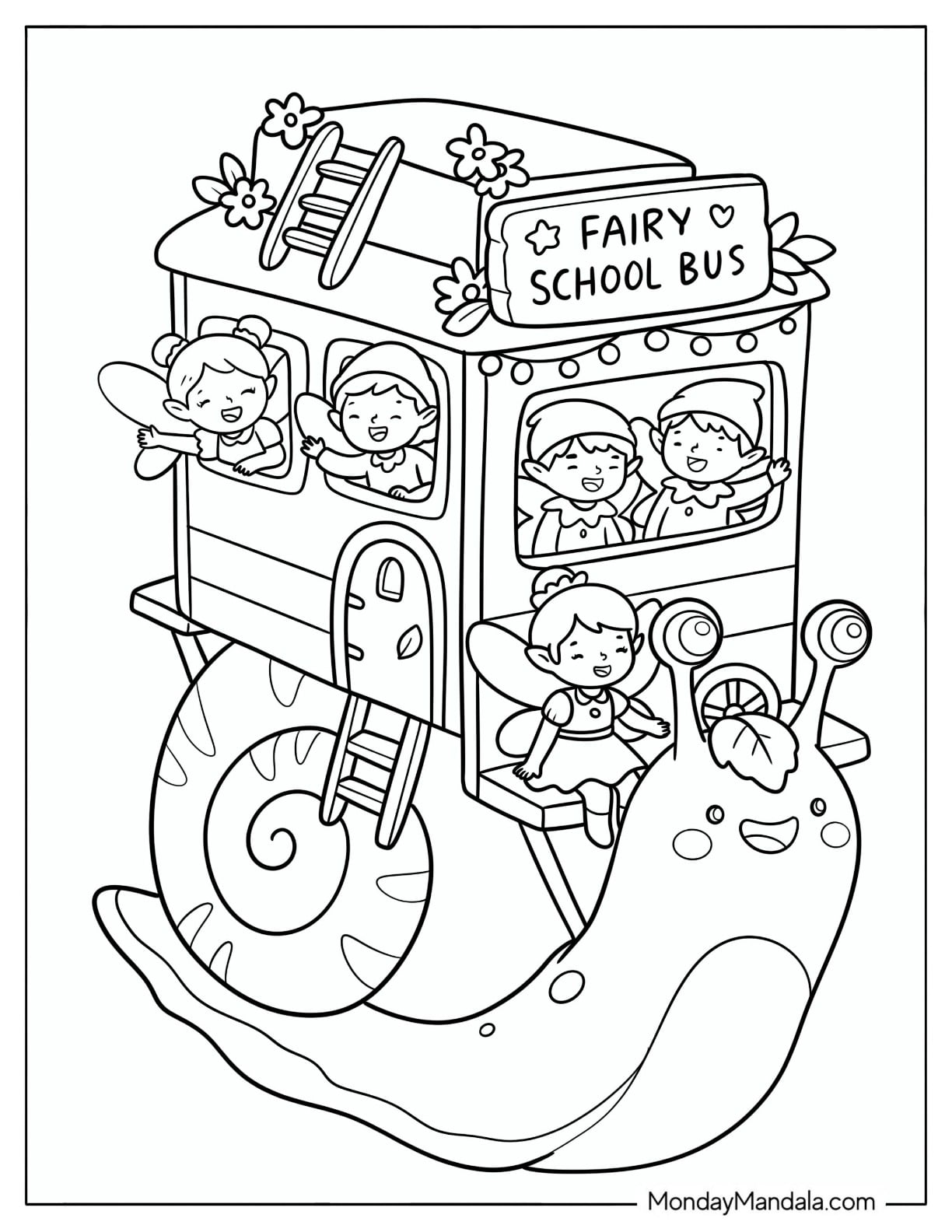 Fairy Children Riding a Snail School Bus Coloring Page for Kids