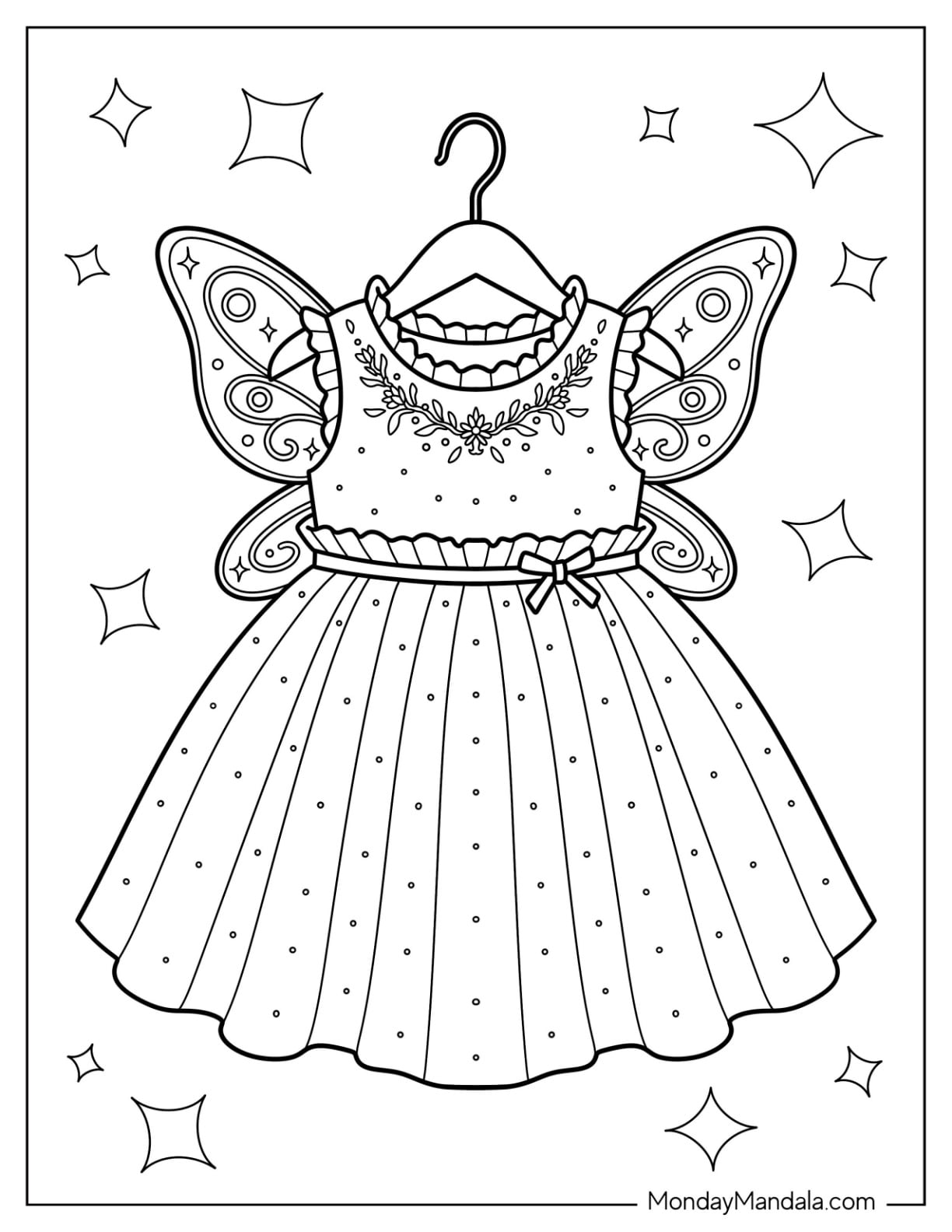 Fairy Dress with Butterfly Wings and Sparkling Details Coloring Sheet