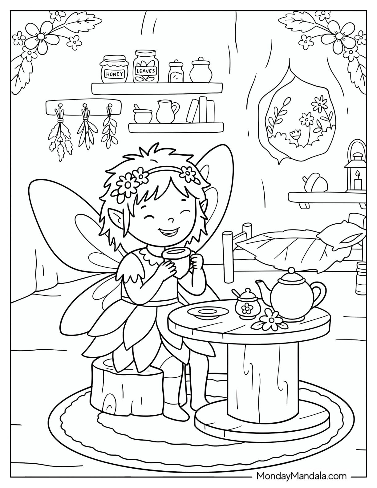 Fairy Enjoying Tea Inside a Cozy Hollow Tree Home Coloring Page