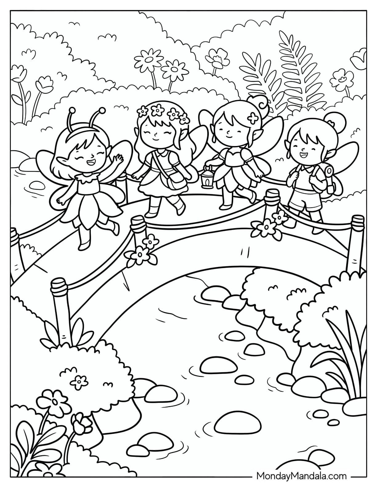 Fairy Friends Crossing a Flower Decorated Bridge Coloring Page