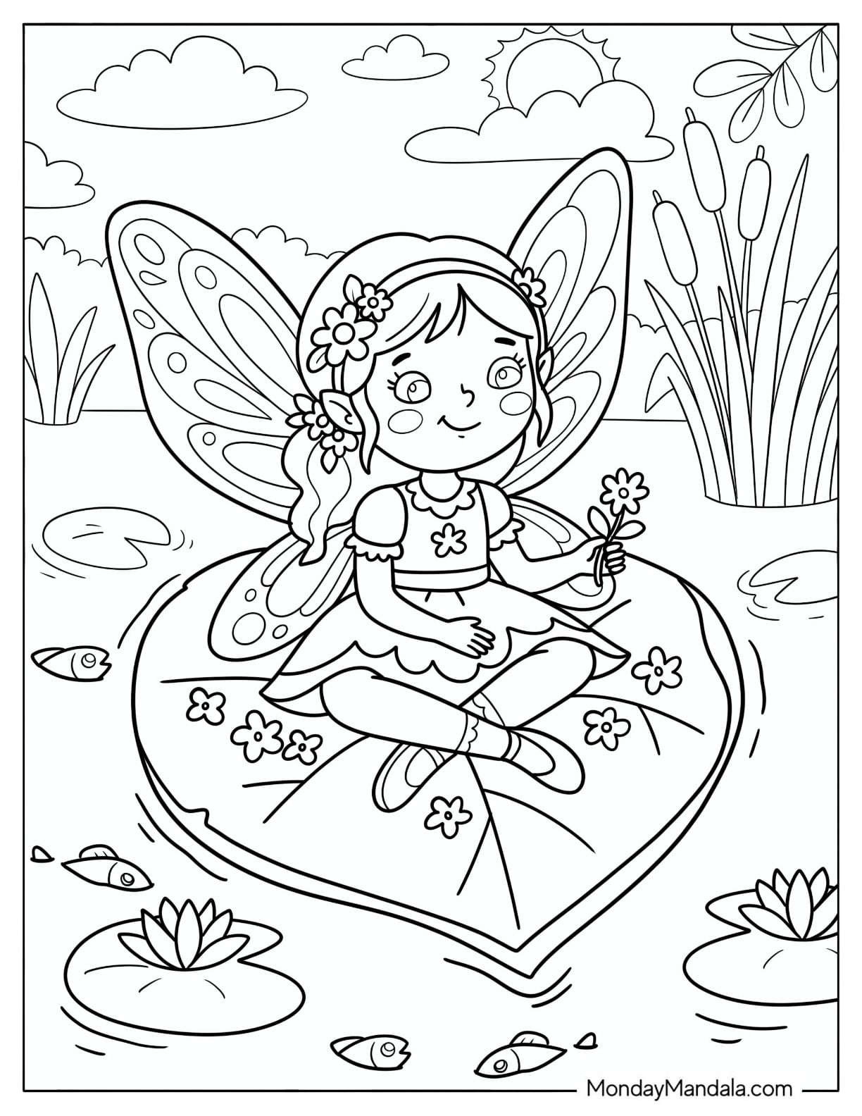 Fairy Holding a Flower While Sitting on a Heart Shaped Lily Pad