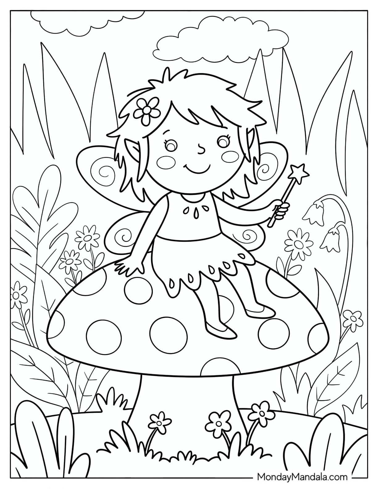 Fairy Holding a Star Wand atop a Giant Mushroom Coloring Page for Kids