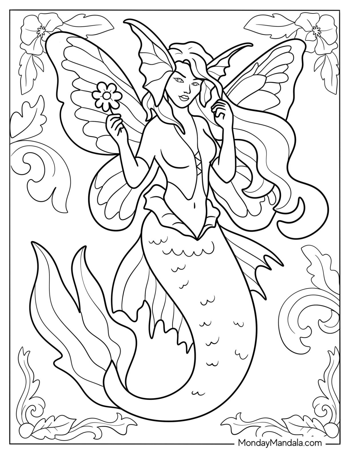 Fairy Mermaid Coloring Page with Butterfly Wings Holding a Flower