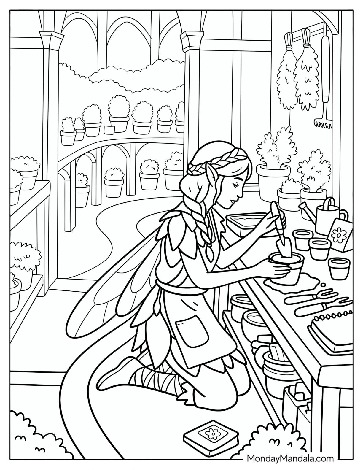 Fairy Mixing Herbal Remedies in a Garden Workshop Coloring Sheet