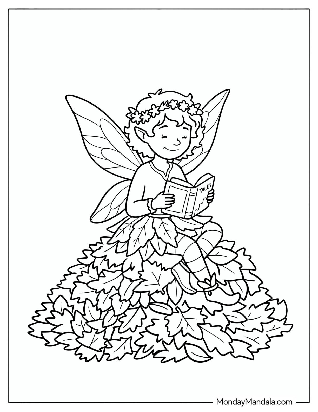 Fairy Reading a Book atop a Pile of Autumn Leaves Coloring Page for Kids