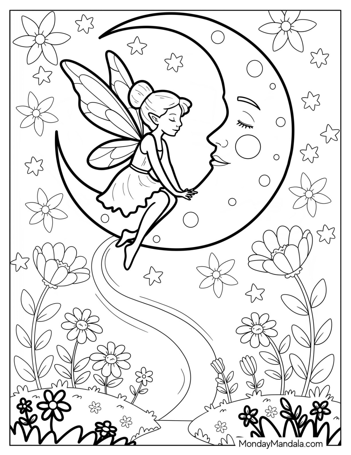 Fairy Resting on a Crescent Moon Coloring Page in the Forest