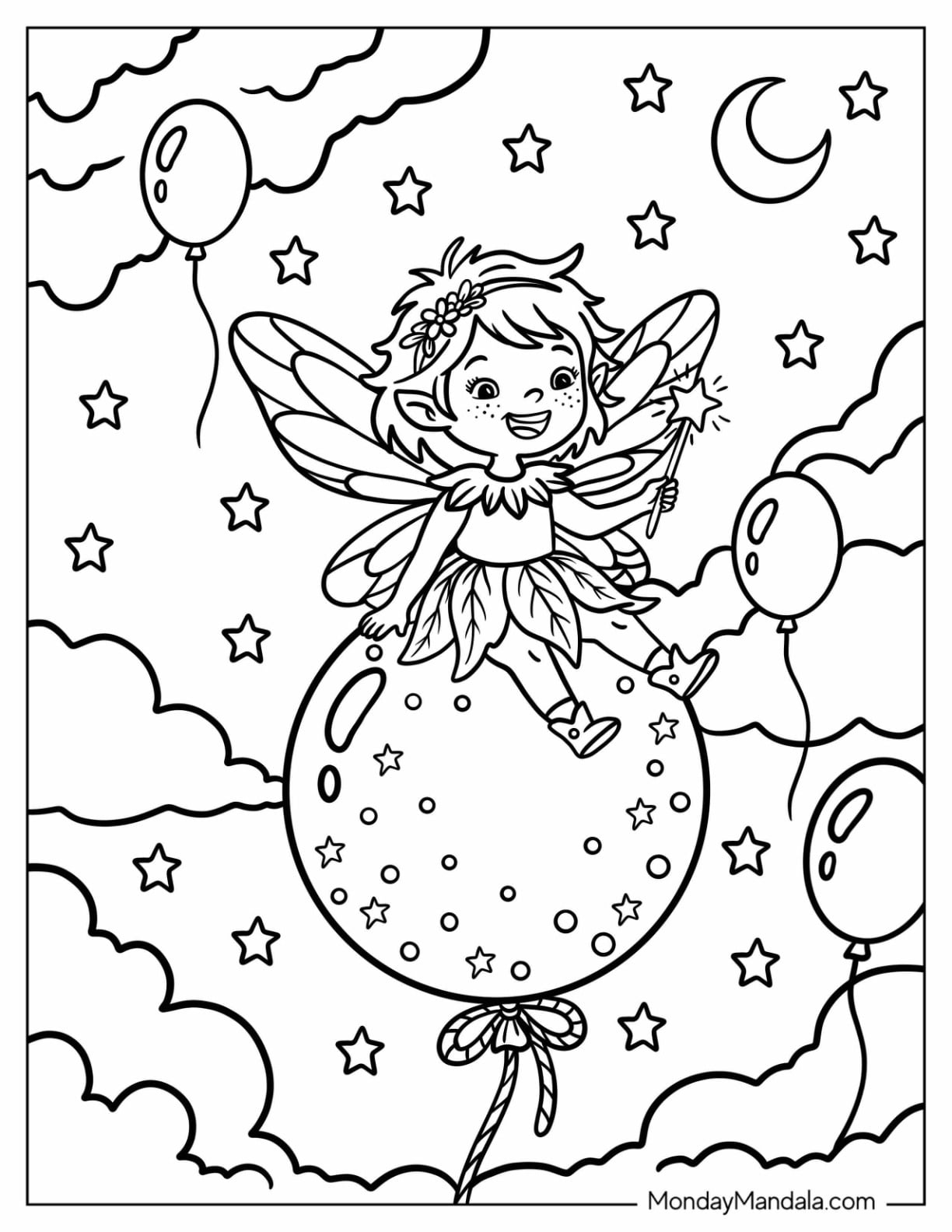 Fairy Riding a Star Balloon at Night Coloring Page