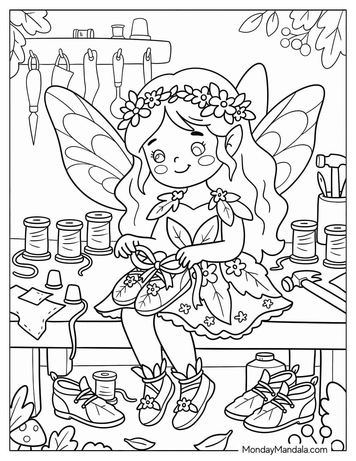 Fairy Sewing Floral Shoes in a Woodland Workshop Coloring Sheet