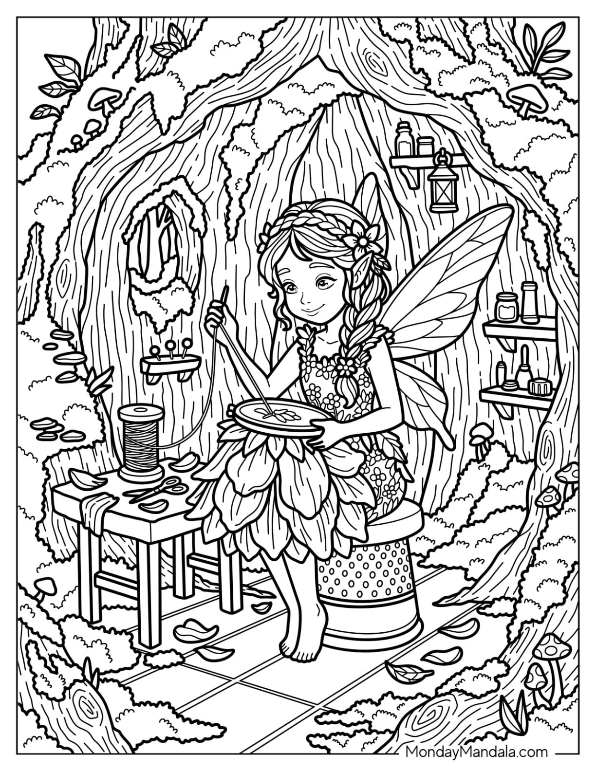 Fairy Sewing a Magical Flower Dress in an Enchanted Tree Home