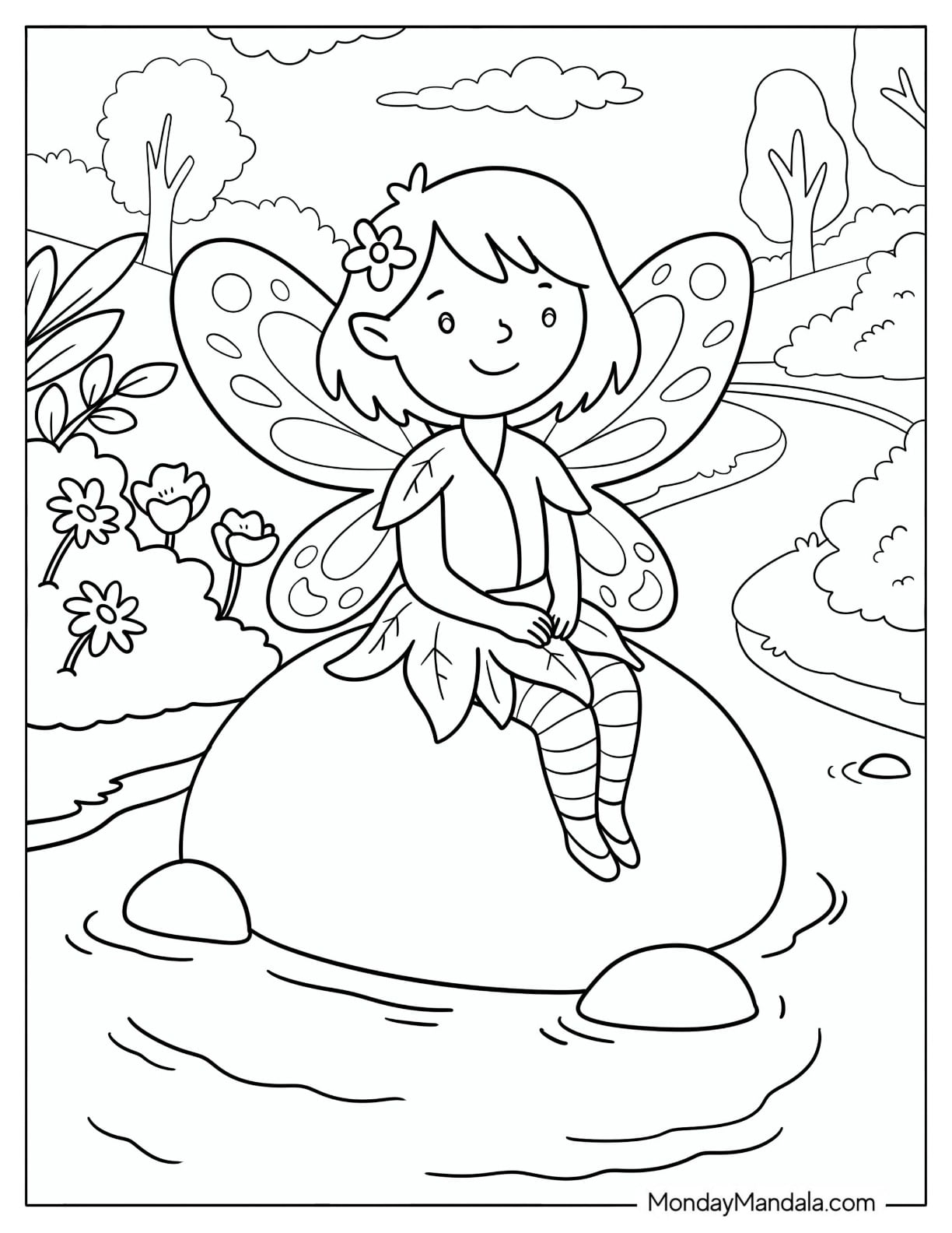Fairy Sitting on a Rock in a Flowing Stream Coloring Page
