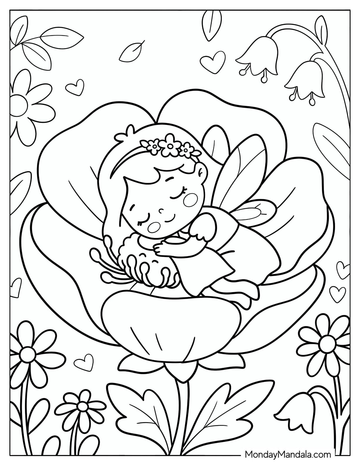 Fairy Sleeping Peacefully Inside a Blooming Flower Coloring Page for Kids