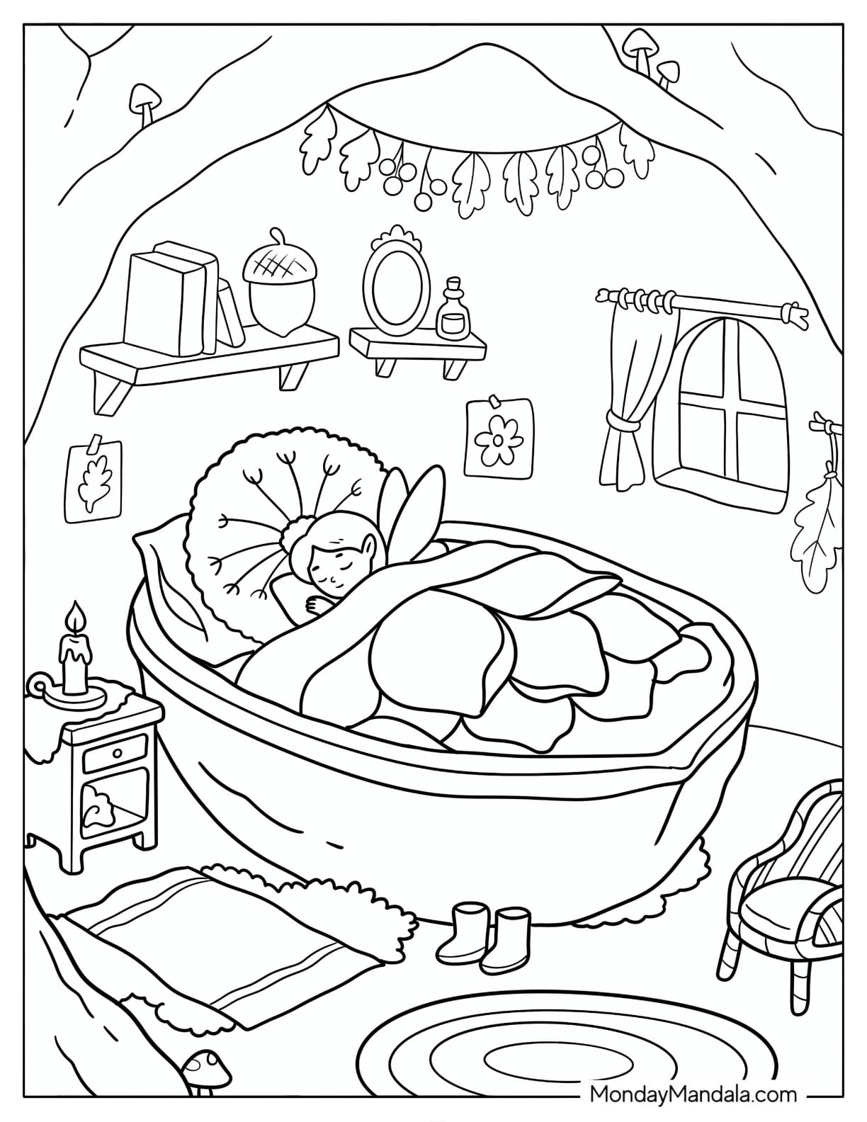 Fairy Sleeping in a Flower Petal Bed Coloring Sheet for Kids