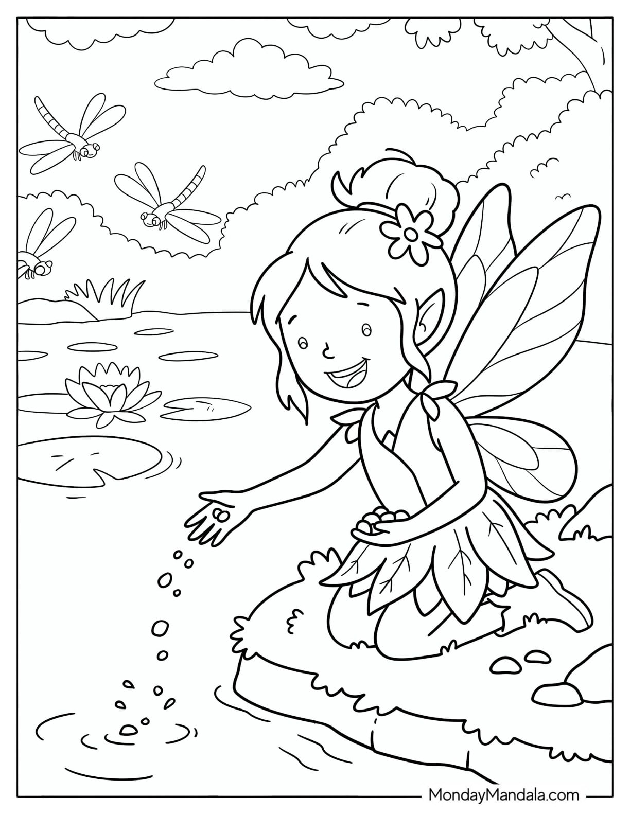 Fairy Sprinkling Magic into a Pond with Dragonflies Coloring Sheet