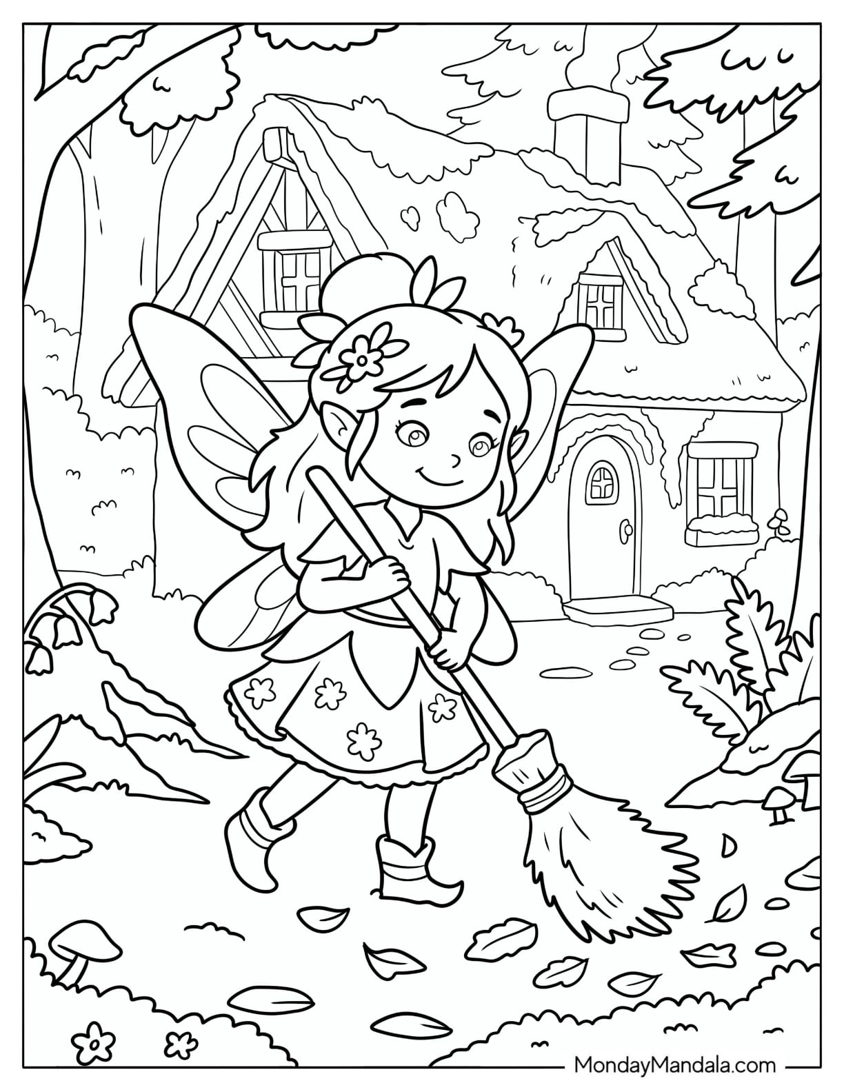 Fairy Sweeping Autumn Leaves Outside a Woodland Cottage Coloring Sheet