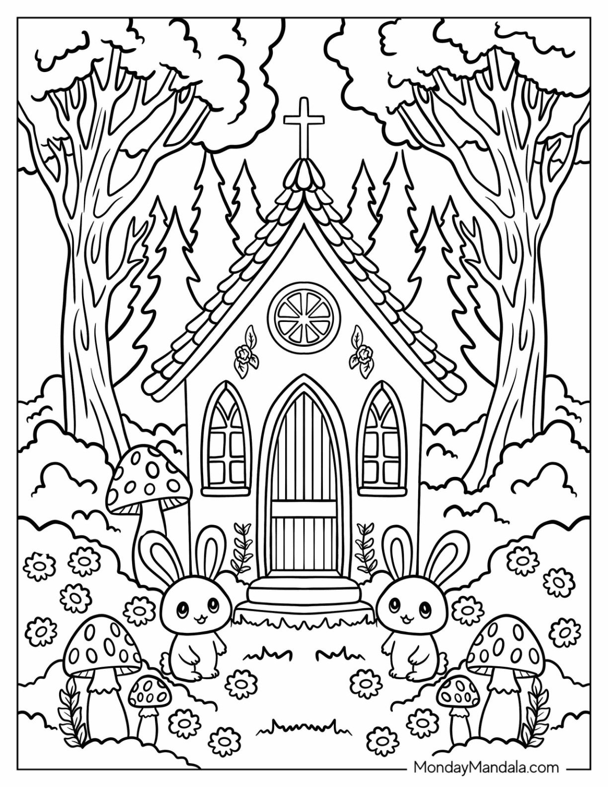 Fairy Tale Forest Church Coloring Page with Bunnies and Mushrooms for Kids
