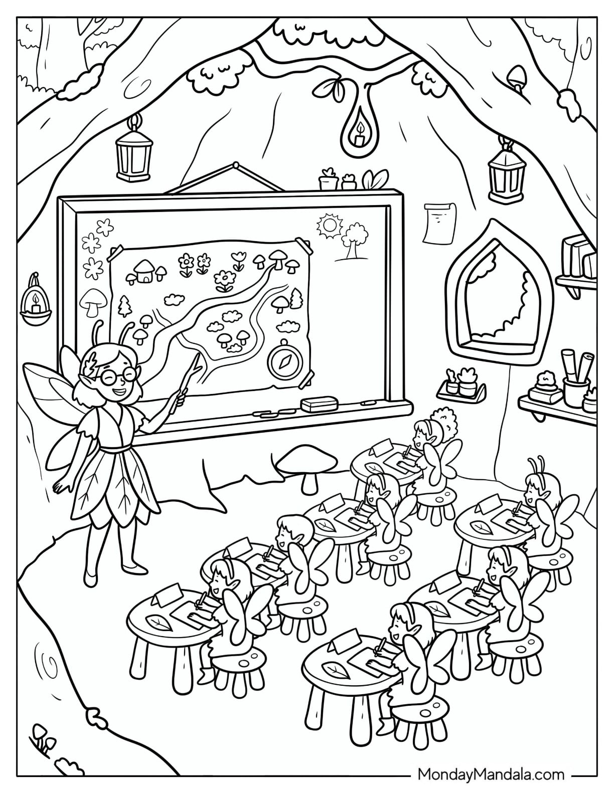 Fairy Teacher Giving a Nature Lesson Inside a Hollow Tree