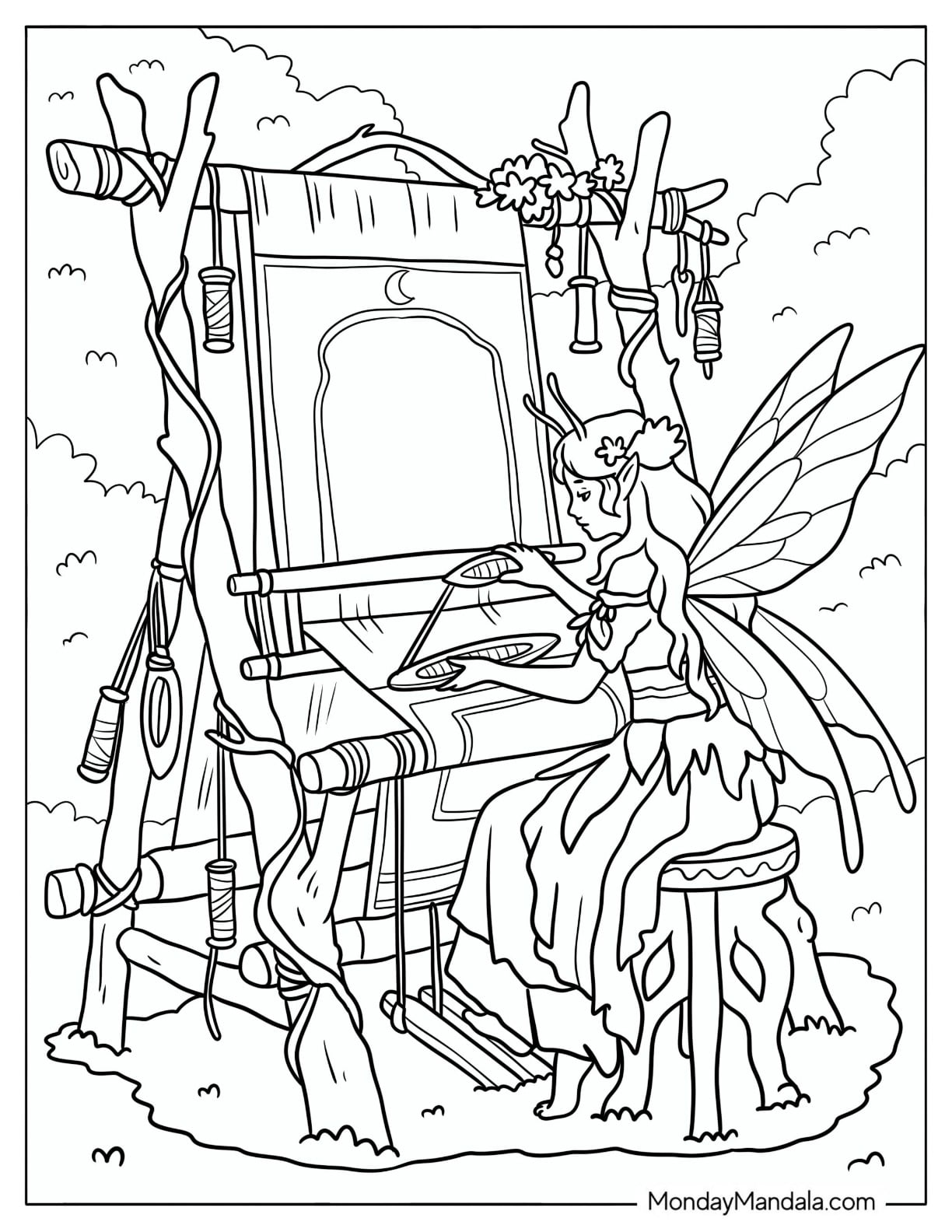Fairy Weaving Fabric on a Woodland Loom Coloring Page