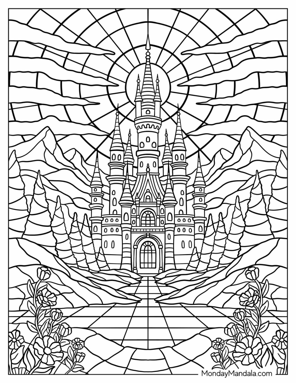 Fairytale Castle Under Radiant Sunlight Stained Glass Coloring Page