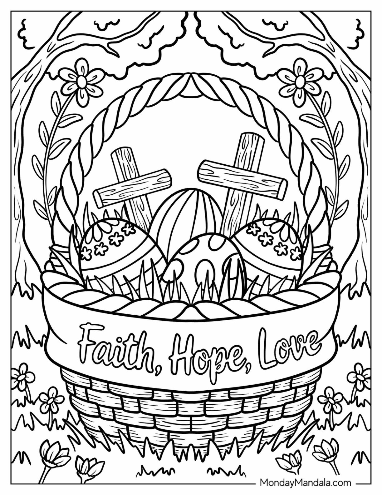 Religious Easter Coloring Page of Faith, Hope, Love Basket with Easter Eggs and Cross