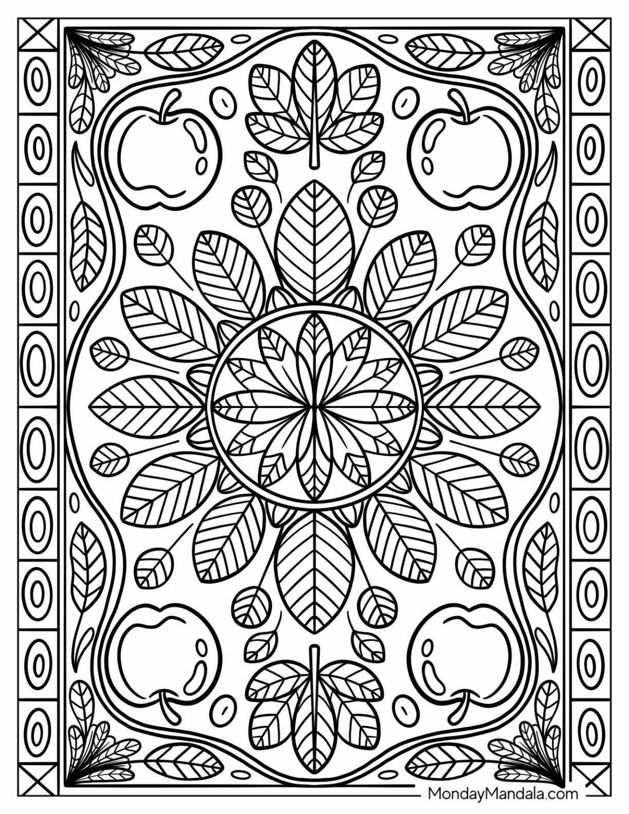 Autumn & Fall Coloring Page of Apple and Leaves Mandala Harvest