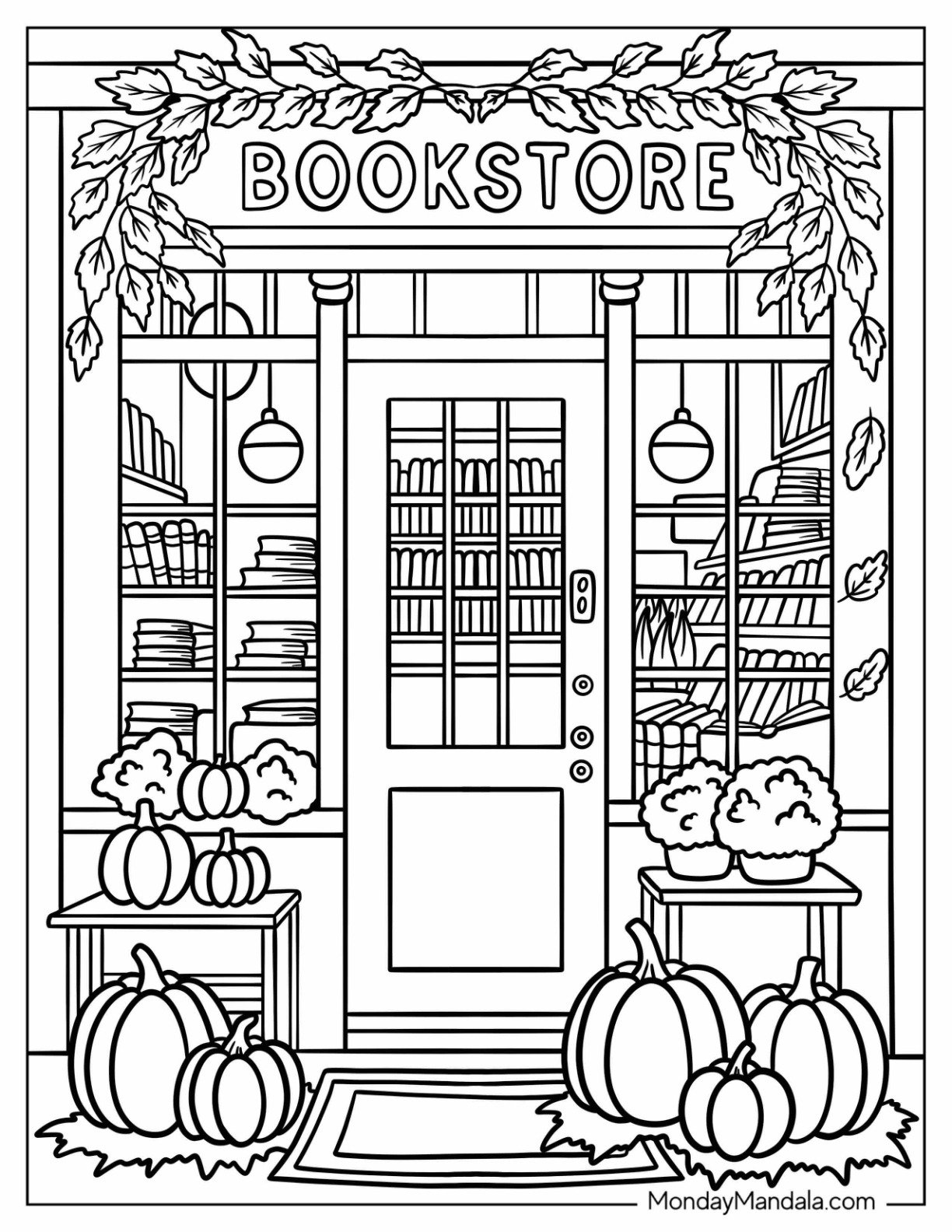 Fall Bookstore Display with Leaves and Gourds Coloring Sheet