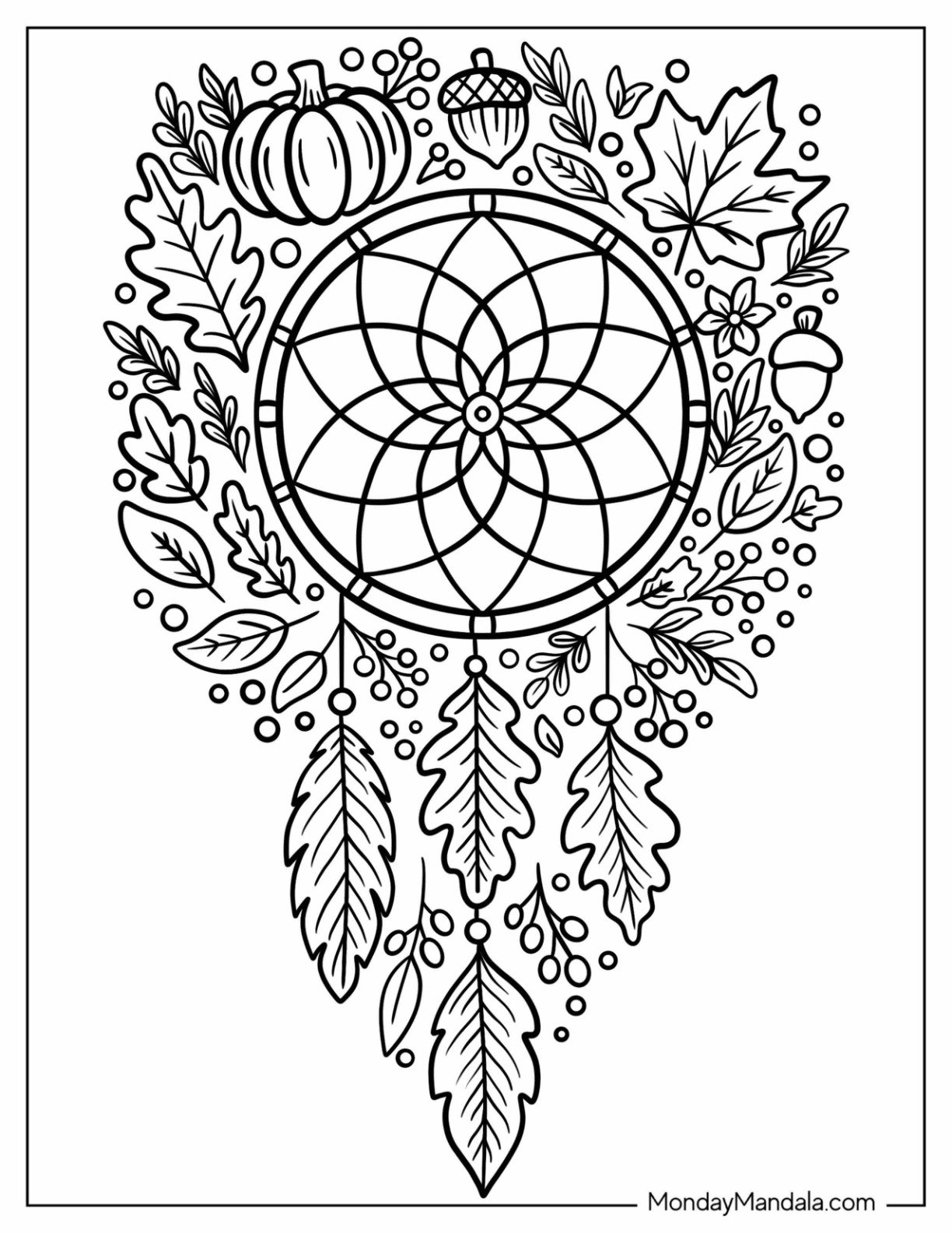 Fall Dreamcatcher with Leaves, Acorns, and Pumpkin Coloring Page