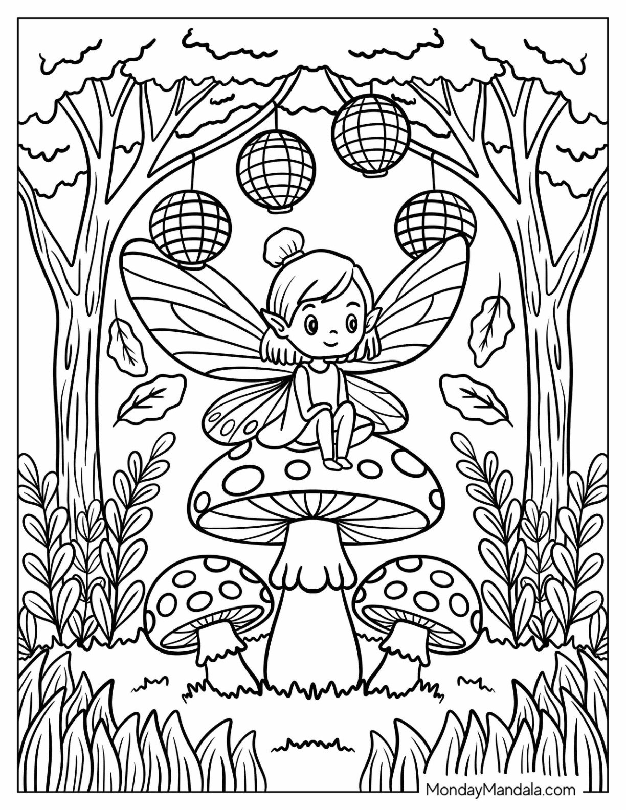 Fall Fairy Sitting on Mushrooms with Lanterns and Leaves