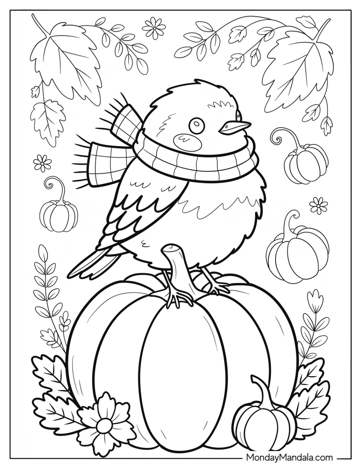 Fall Robin Coloring Page Wearing Scarf Sitting on Pumpkin with Leaves and Gourds for Kids