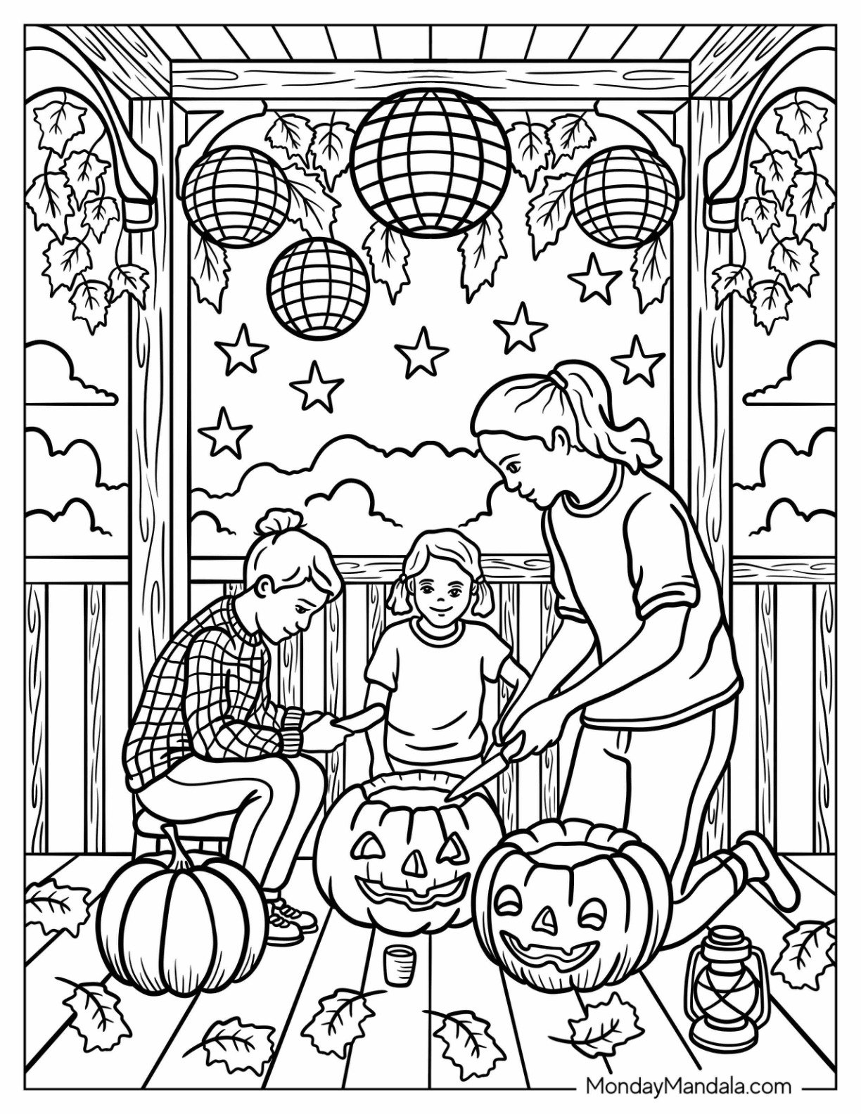 Family Carving Pumpkins on the Porch Fall Coloring Sheet