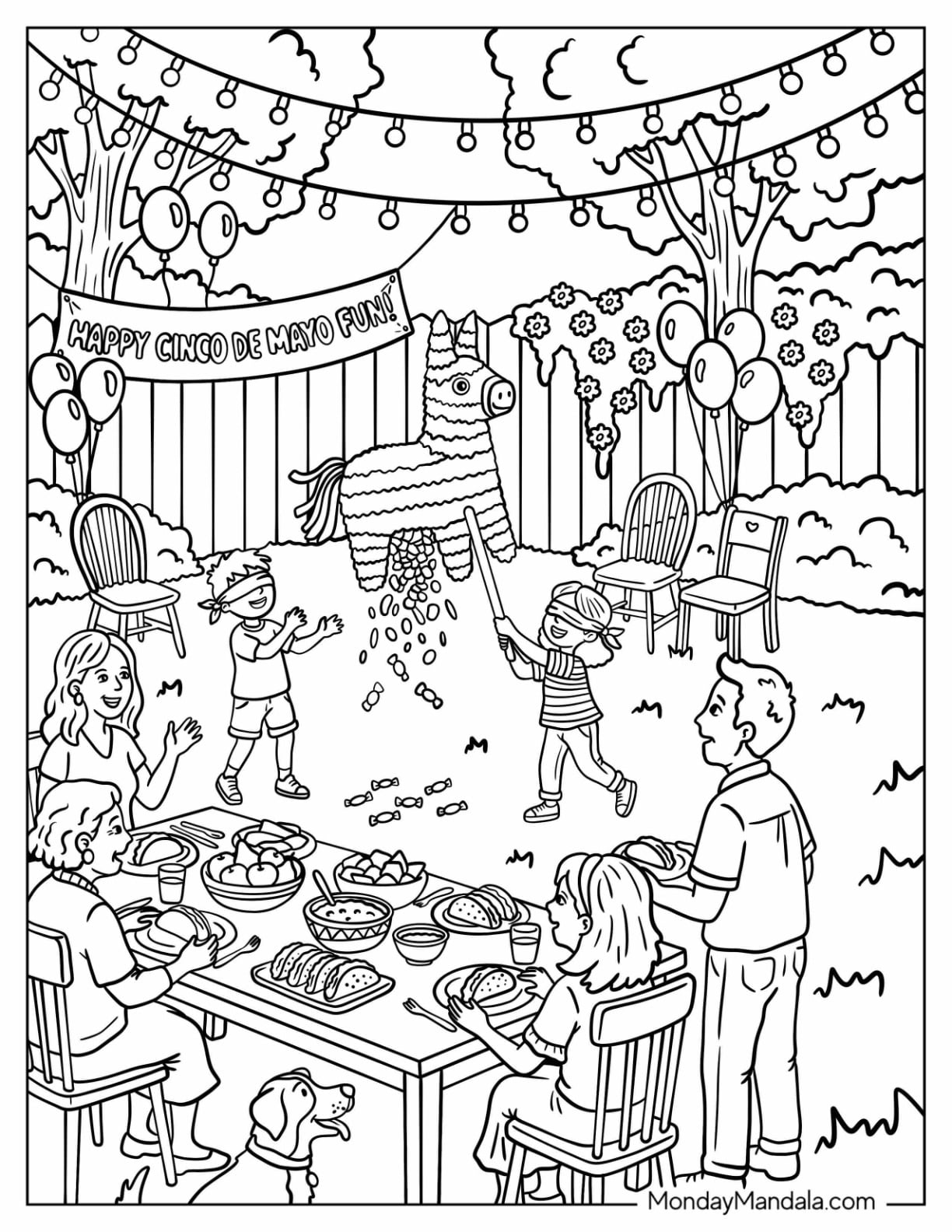 Family Celebrating Cinco de Mayo with a Piñata Party Coloring Page