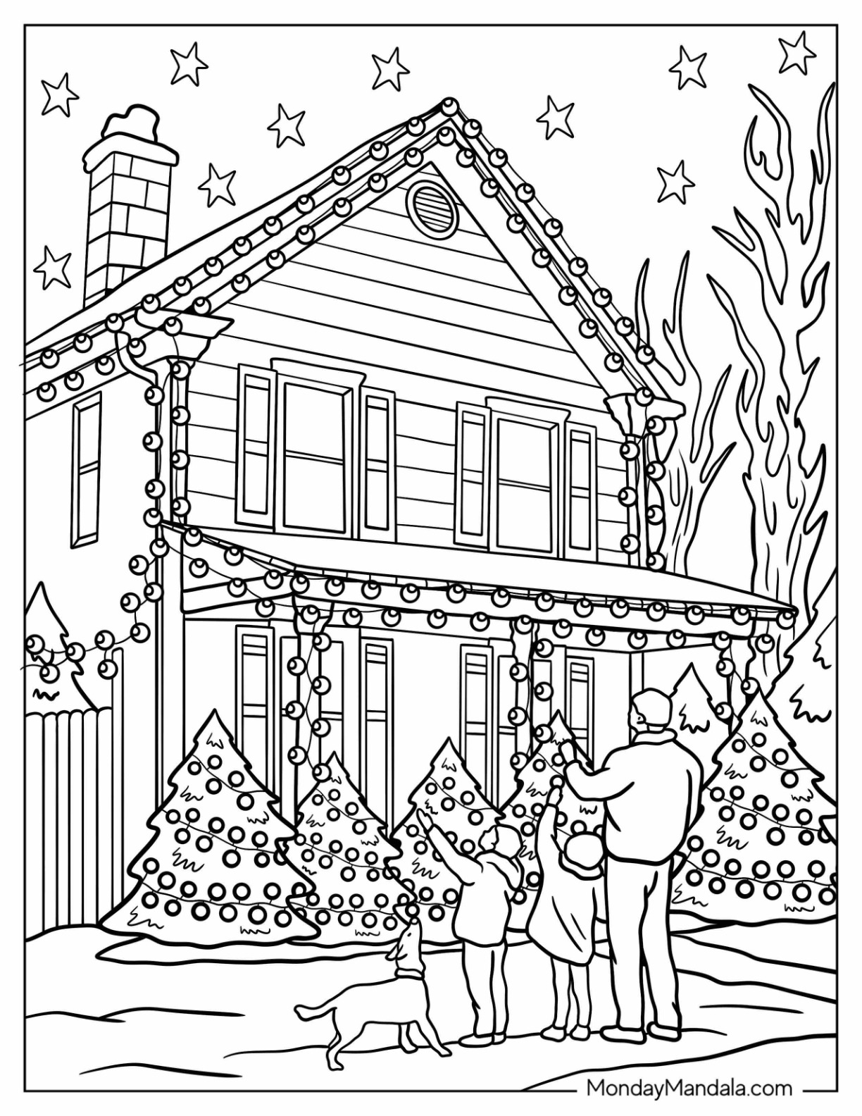 Family Cheers While Gazing at House Covered in Christmas Lights Coloring Page