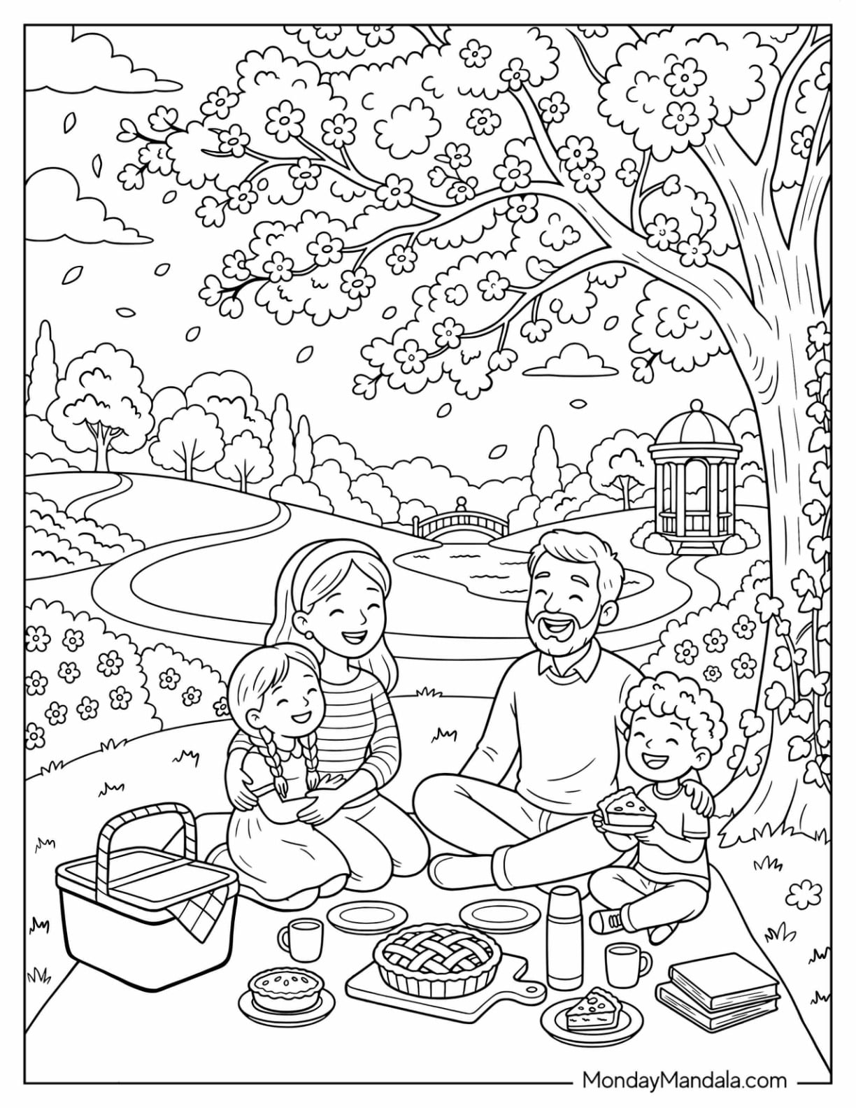 Family Cherry Blossom Picnic in the Park Coloring Sheet