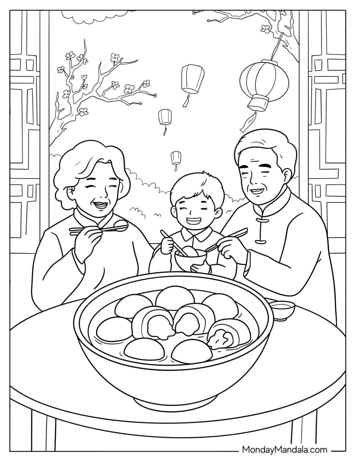 Family Eating Tangyuan Glutinous Rice Balls on Chinese New Year Coloring Page