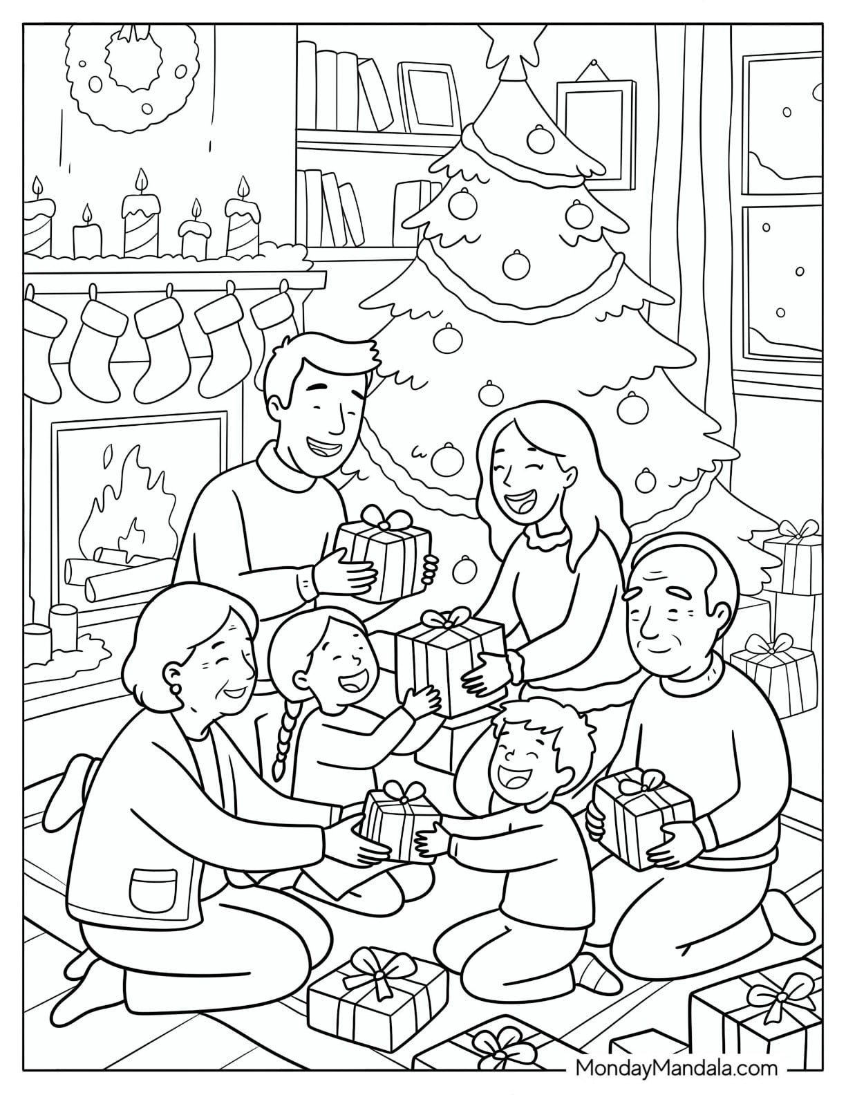 Family Exchanging Christmas Presents by the Fireplace Coloring Sheet