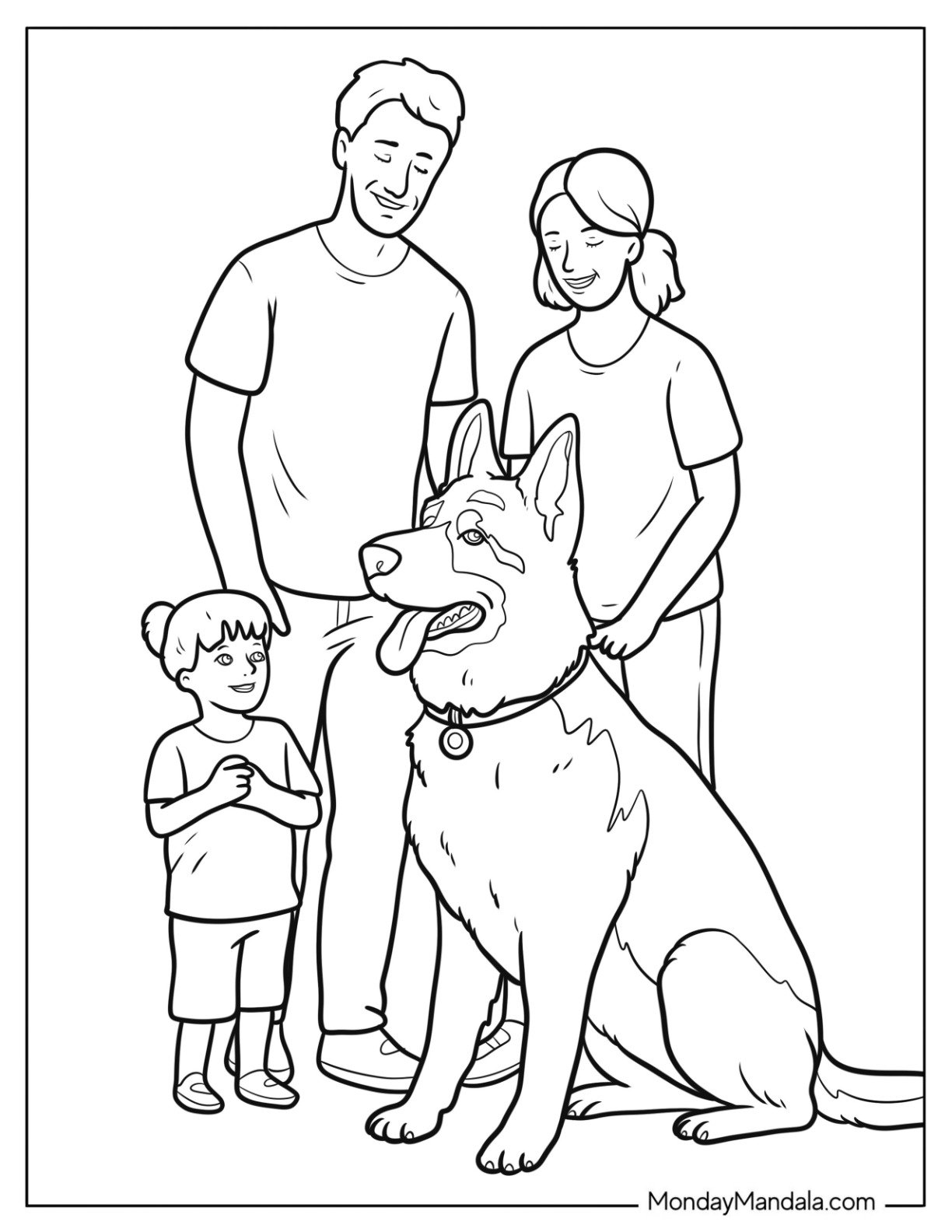 Family Fawning Over Their German Shepherd Coloring Page