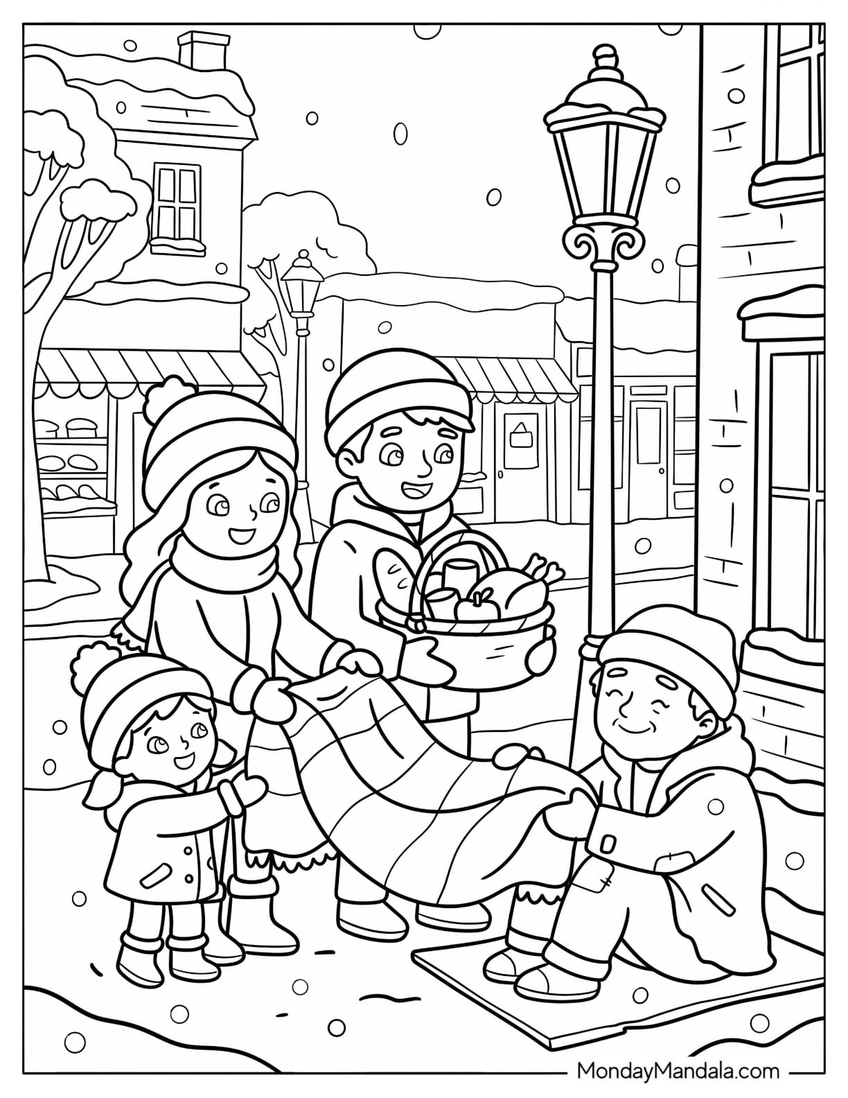 Family Giving Food and Blanket to a Homeless Person on Christian Christmas Coloring Page
