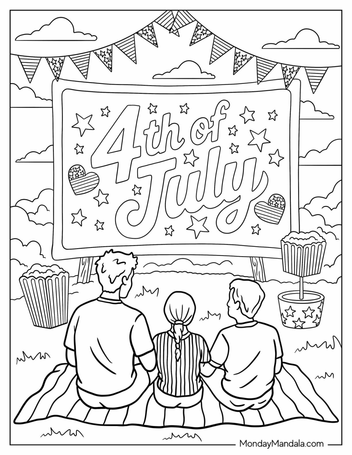 Family Watching 4th of July Coloring Page Display at Outdoor Celebration