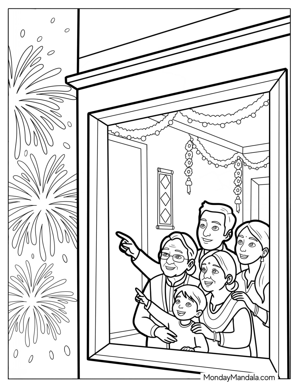Family Watching Diwali Coloring Page Fireworks from a Window