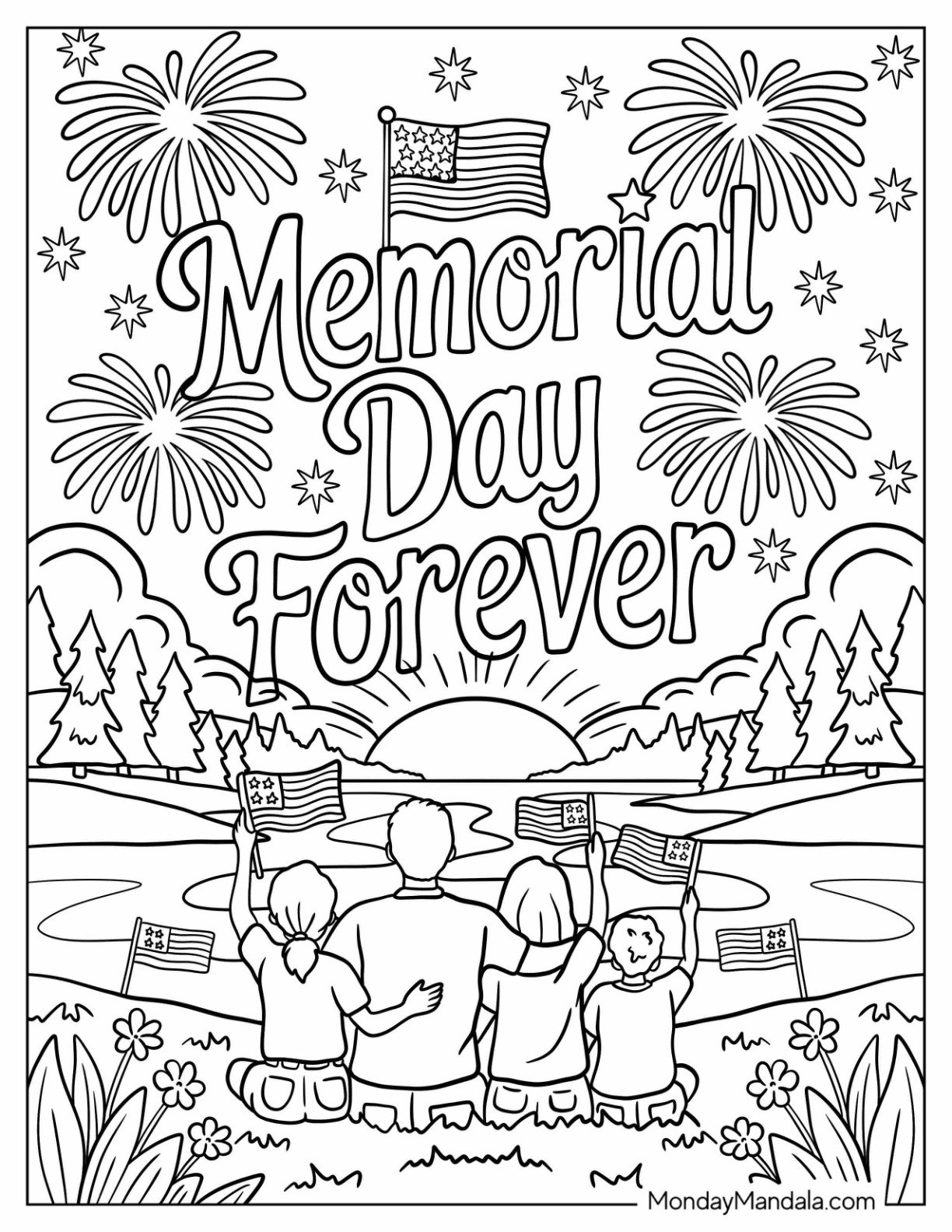 Memorial Day Coloring Page of Family Watching Fireworks with Flags and ‘Memorial Day Forever’ Text