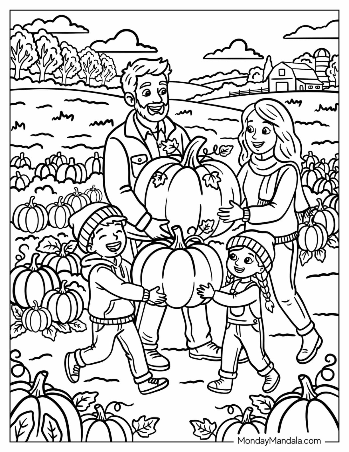 Family of Four Carrying Large Pumpkins in Autumn